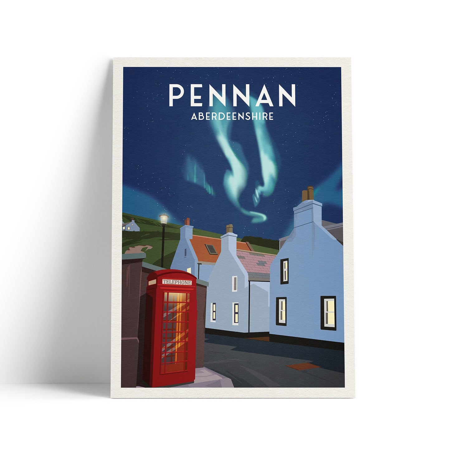 Pennan Travel Poster - Aberdeenshire - Scotland - Local Hero - Red Telephone Box - Northern Lights - Aurora Borealis - Scottish Landscape