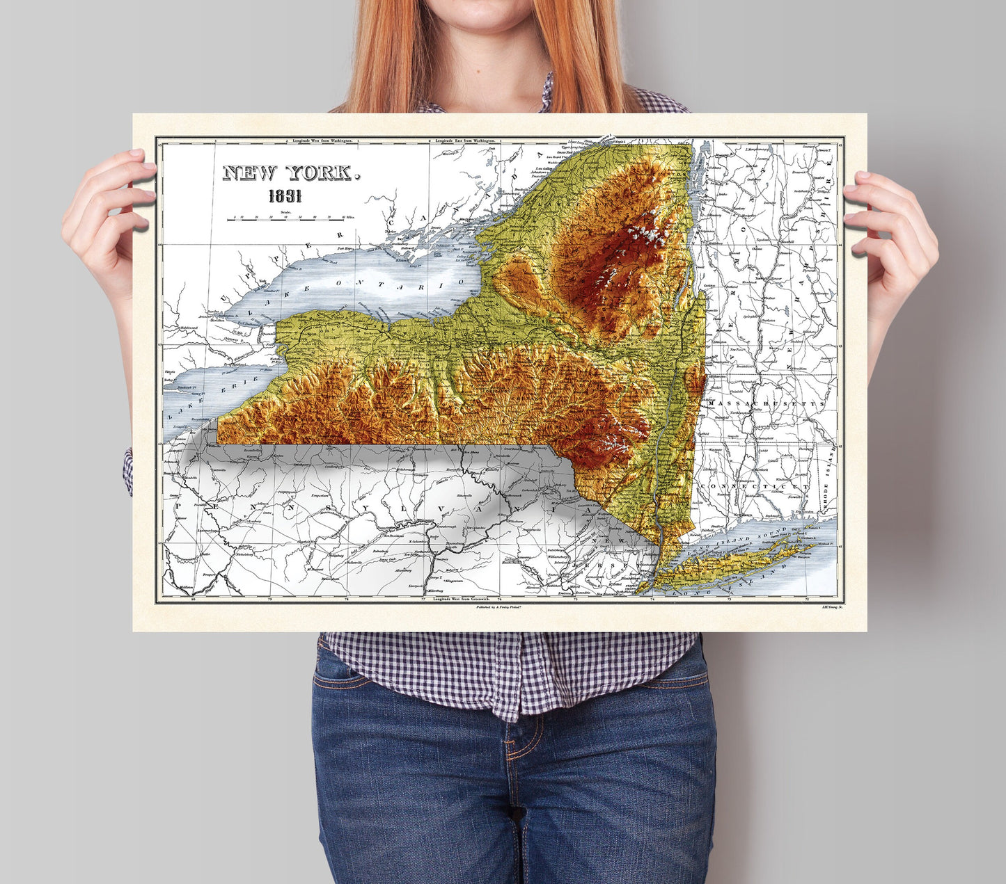 New York Map - 1831 Vintage Relief Map Print With 3D Illusion - Professionally Restored - Tompkins - Steuben - Cattaraugus - Delaware