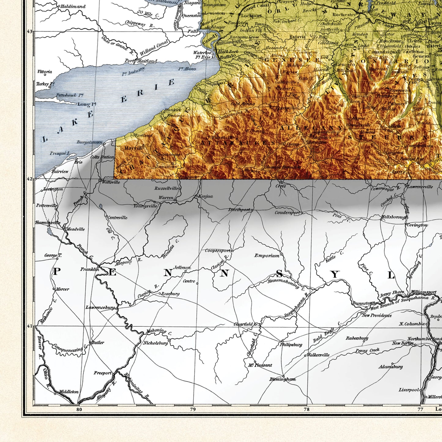 New York Map - 1831 Vintage Relief Map Print With 3D Illusion - Professionally Restored - Tompkins - Steuben - Cattaraugus - Delaware