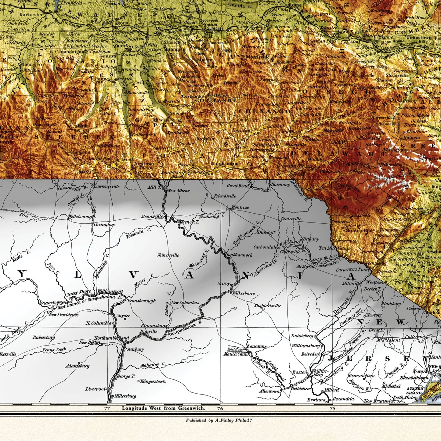 New York Map - 1831 Vintage Relief Map Print With 3D Illusion - Professionally Restored - Tompkins - Steuben - Cattaraugus - Delaware