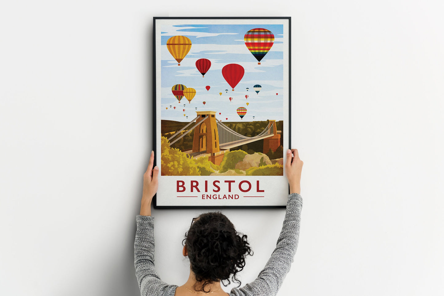 Bristol Print - Bristol Travel Poster featuring Clifton Bridge and Hot Air Balloons - Balloon Fiesta