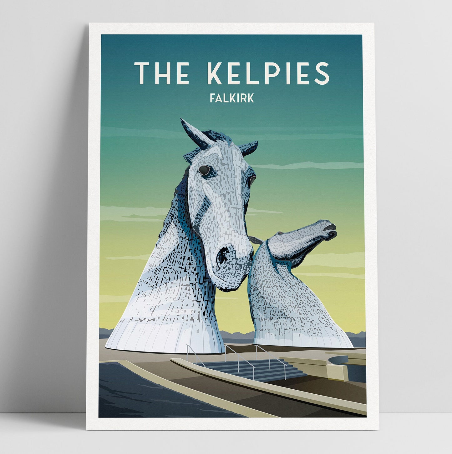 The Kelpies Print - Falkirk Travel Poster - Wall Art - Home Décor - The Helix - Forth and Clyde Canal Scotland