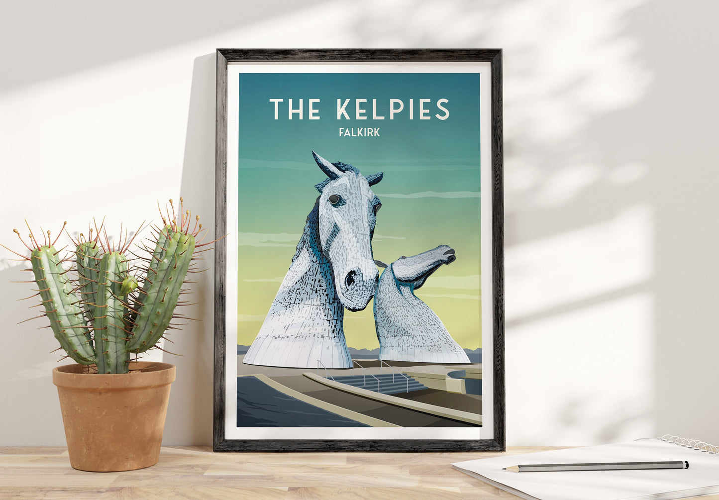 The Kelpies Print - Falkirk Travel Poster - Wall Art - Home Décor - The Helix - Forth and Clyde Canal Scotland