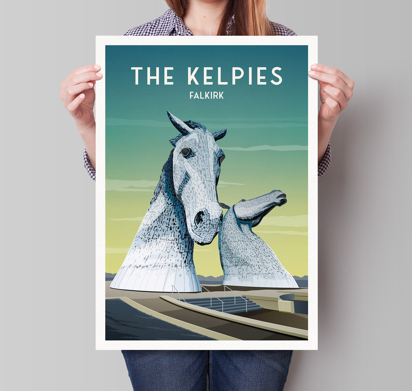 The Kelpies Print - Falkirk Travel Poster - Wall Art - Home Décor - The Helix - Forth and Clyde Canal Scotland