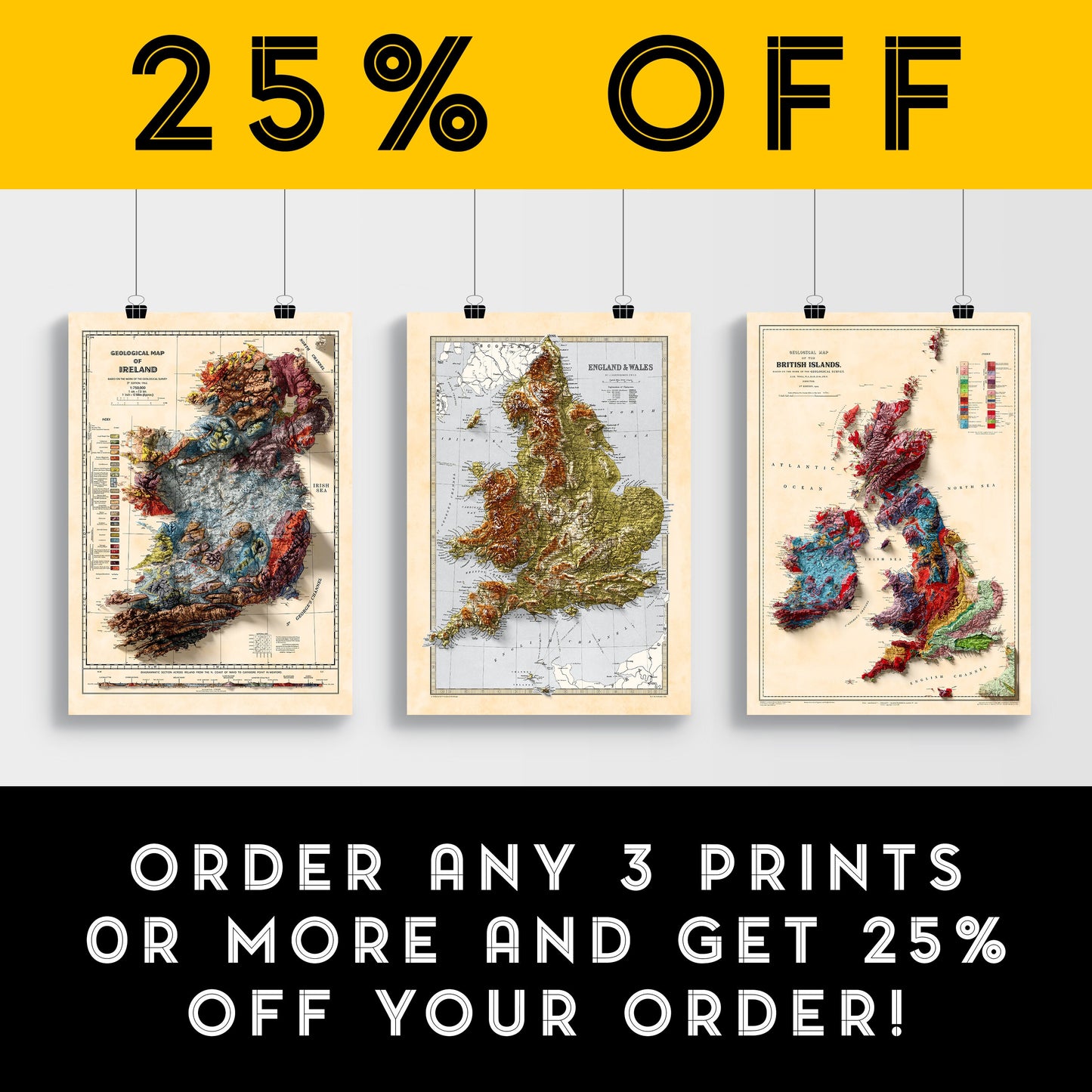 England and Wales Map - Elevation Map - 1871 - 2D Giclée Vintage Poster - 3D effect shaded relief Print
