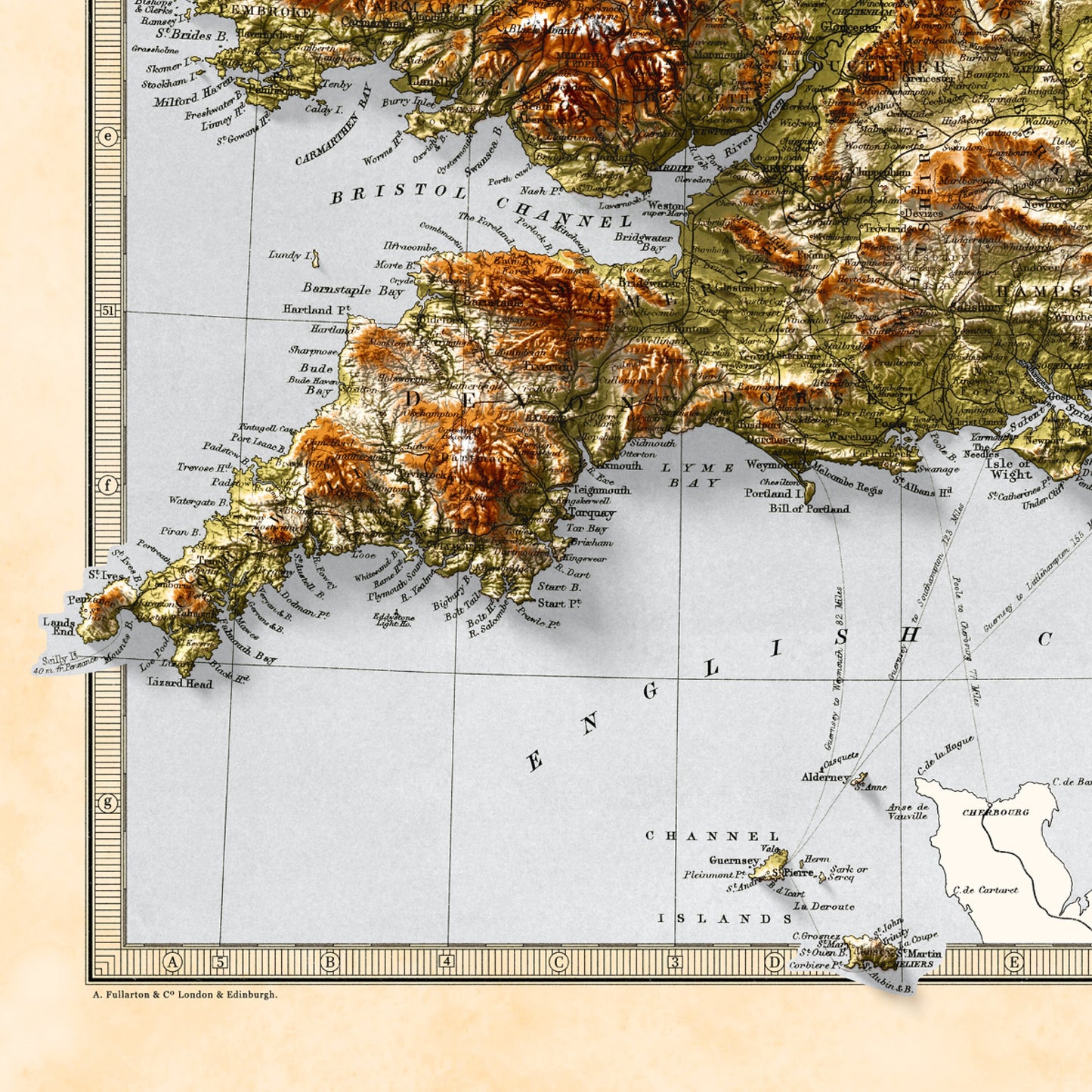 England and Wales Map - Elevation Map - 1871 - 2D Giclée Vintage Poster - 3D effect shaded relief Print