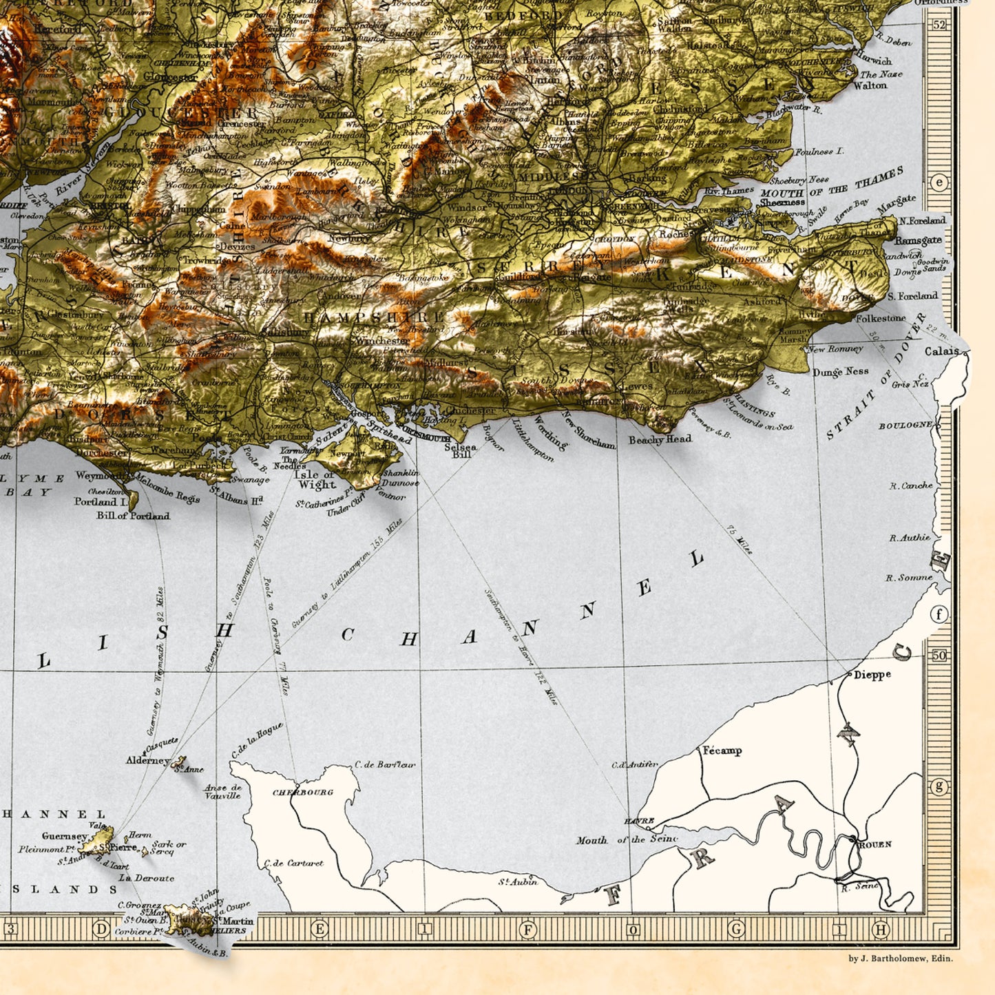 England and Wales Map - Elevation Map - 1871 - 2D Giclée Vintage Poster - 3D effect shaded relief Print