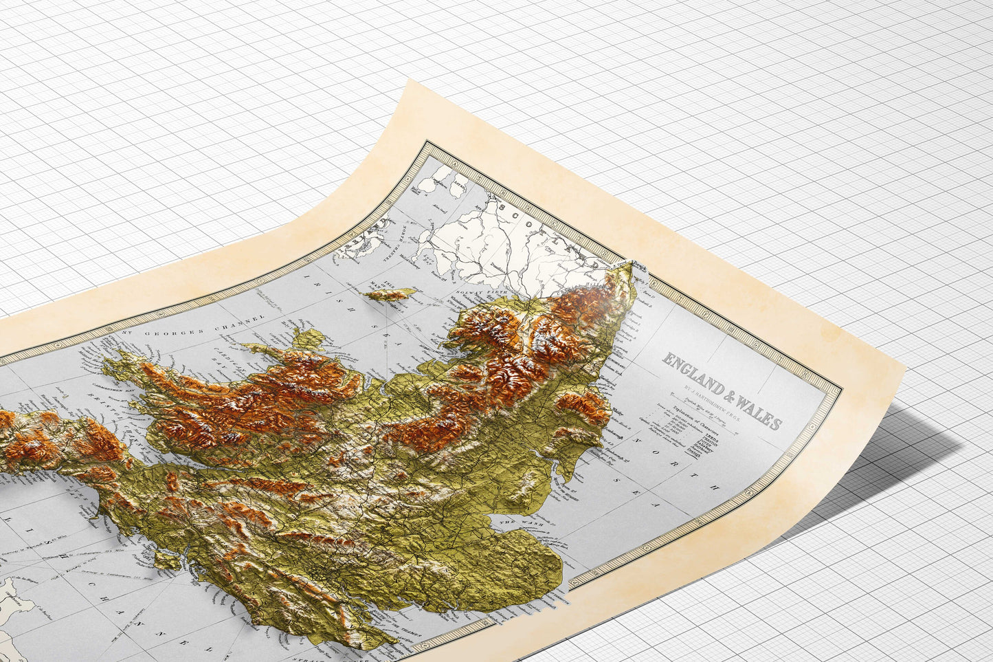 England and Wales Map - Elevation Map - 1871 - 2D Giclée Vintage Poster - 3D effect shaded relief Print