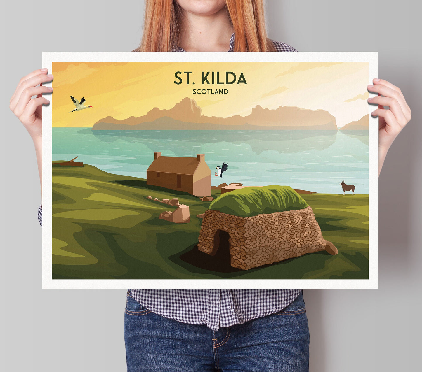 St. Kilda Print - Croft House - Gannet - Puffin - Soay Sheep - St Kilda Archipelago - Travel Poster - St Kilda Archipelago - Hirta - Dun