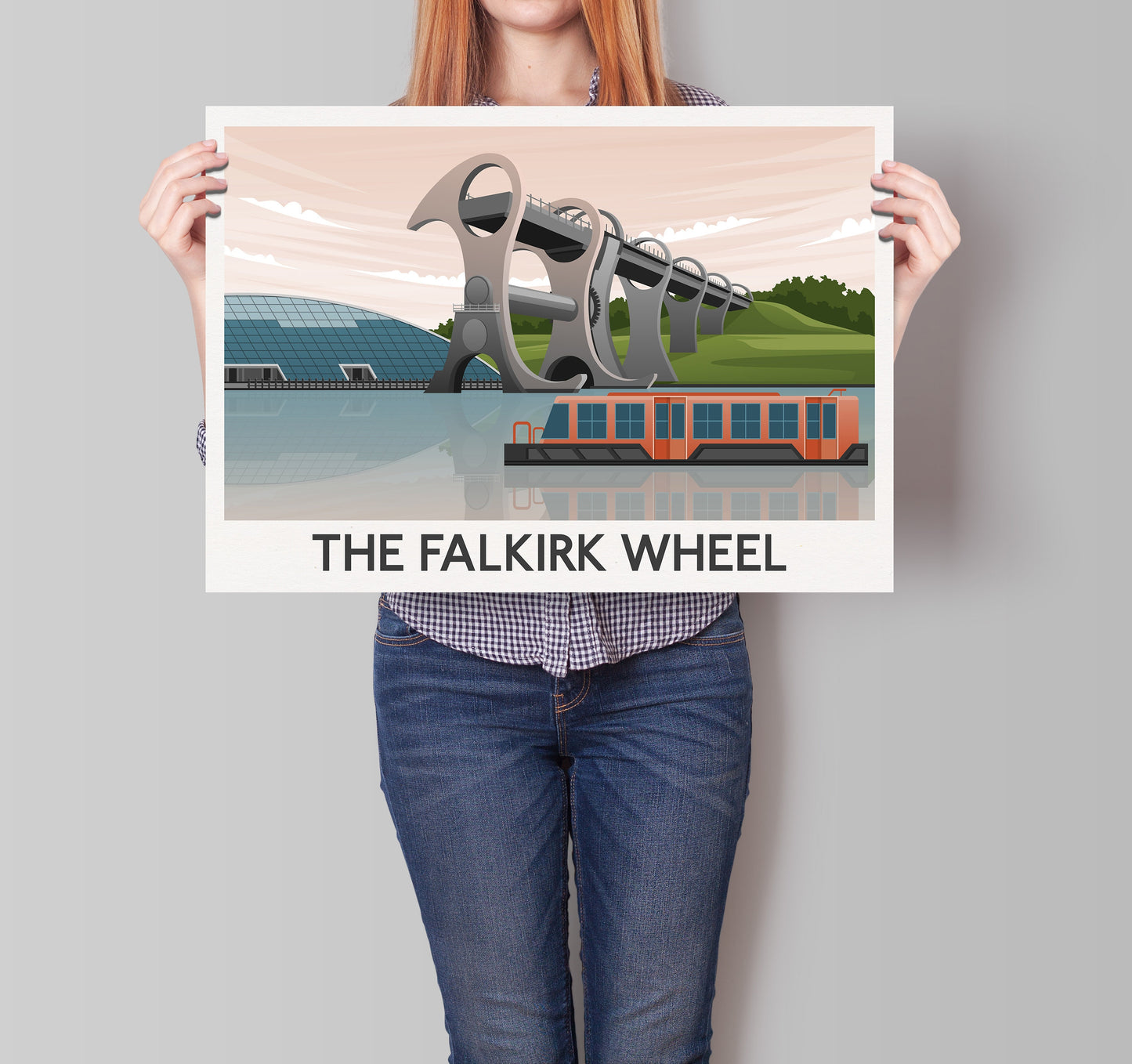 Falkirk Wheel Travel Poster, Falkirk Wheel Illustration Print - Union Canal, Narrowboat, Falkirk Wheel Gift, Scottish Souvenir