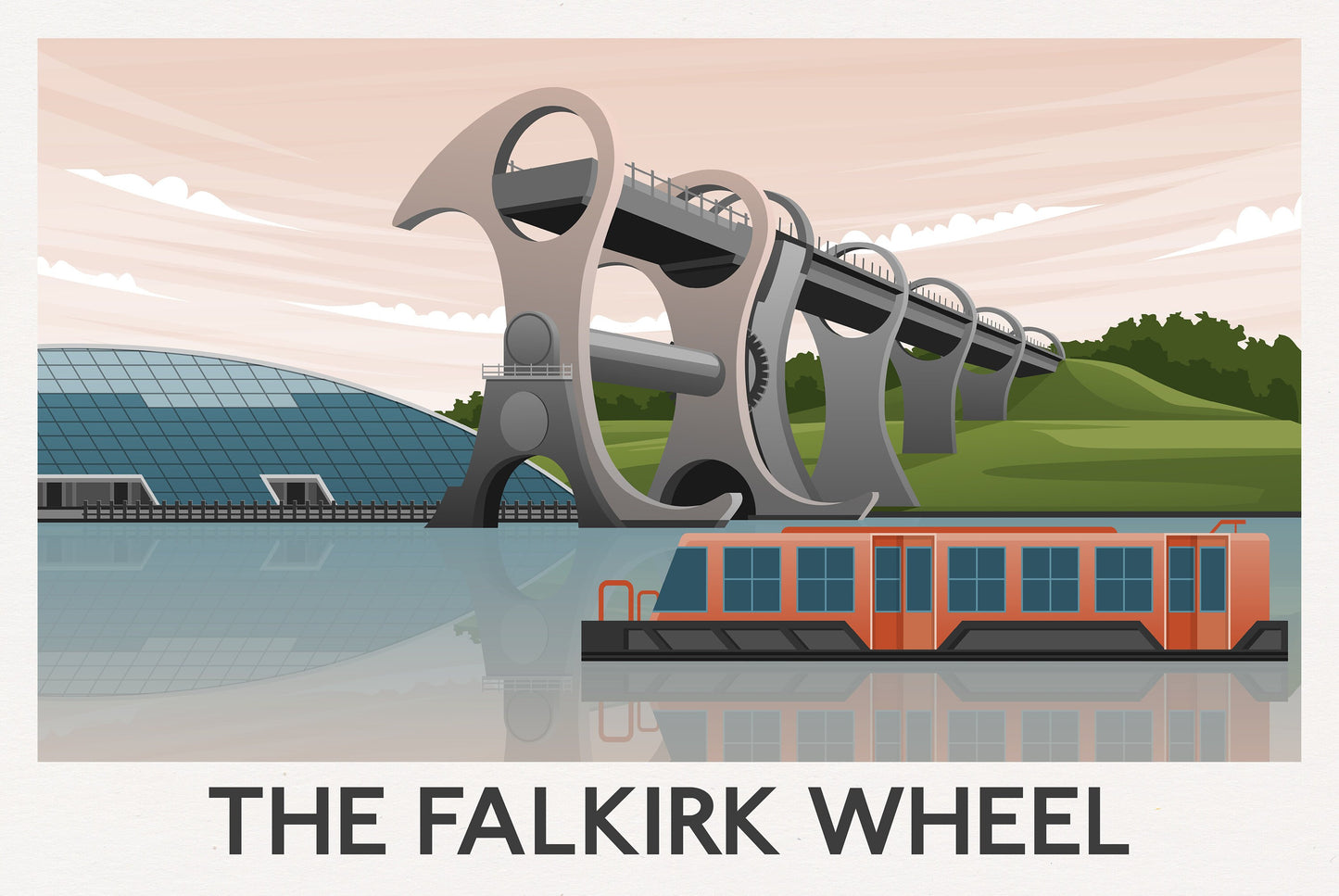 Falkirk Wheel Travel Poster, Falkirk Wheel Illustration Print - Union Canal, Narrowboat, Falkirk Wheel Gift, Scottish Souvenir