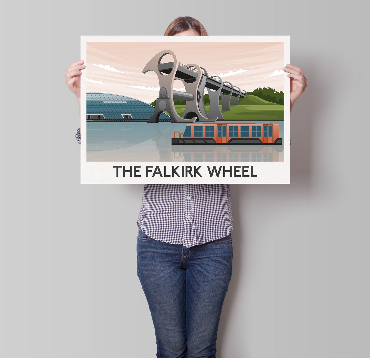 Falkirk Wheel Travel Poster, Falkirk Wheel Illustration Print - Union Canal, Narrowboat, Falkirk Wheel Gift, Scottish Souvenir