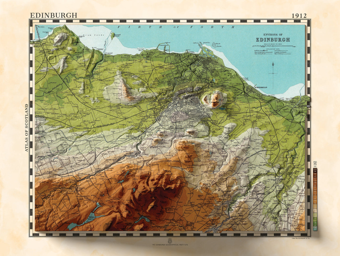 Edinburgh Map - Topographic Shaded Relief Map - Vintage Style - 2D Giclée Print - Vintage Geology Poster - Elevation Map - Firth of Forth