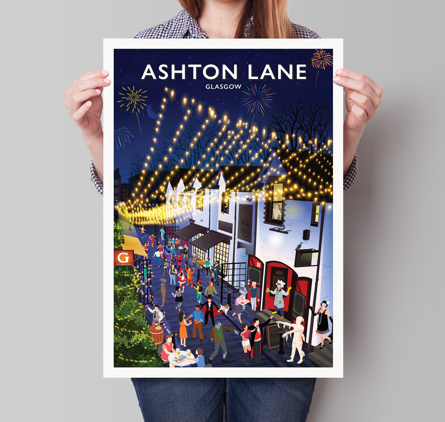 Ashton Lane Poster - Fancy Dress Party - Fireworks Print - Festivities - Bonfire Night - Halloween - Hogmanay - Costume street Party