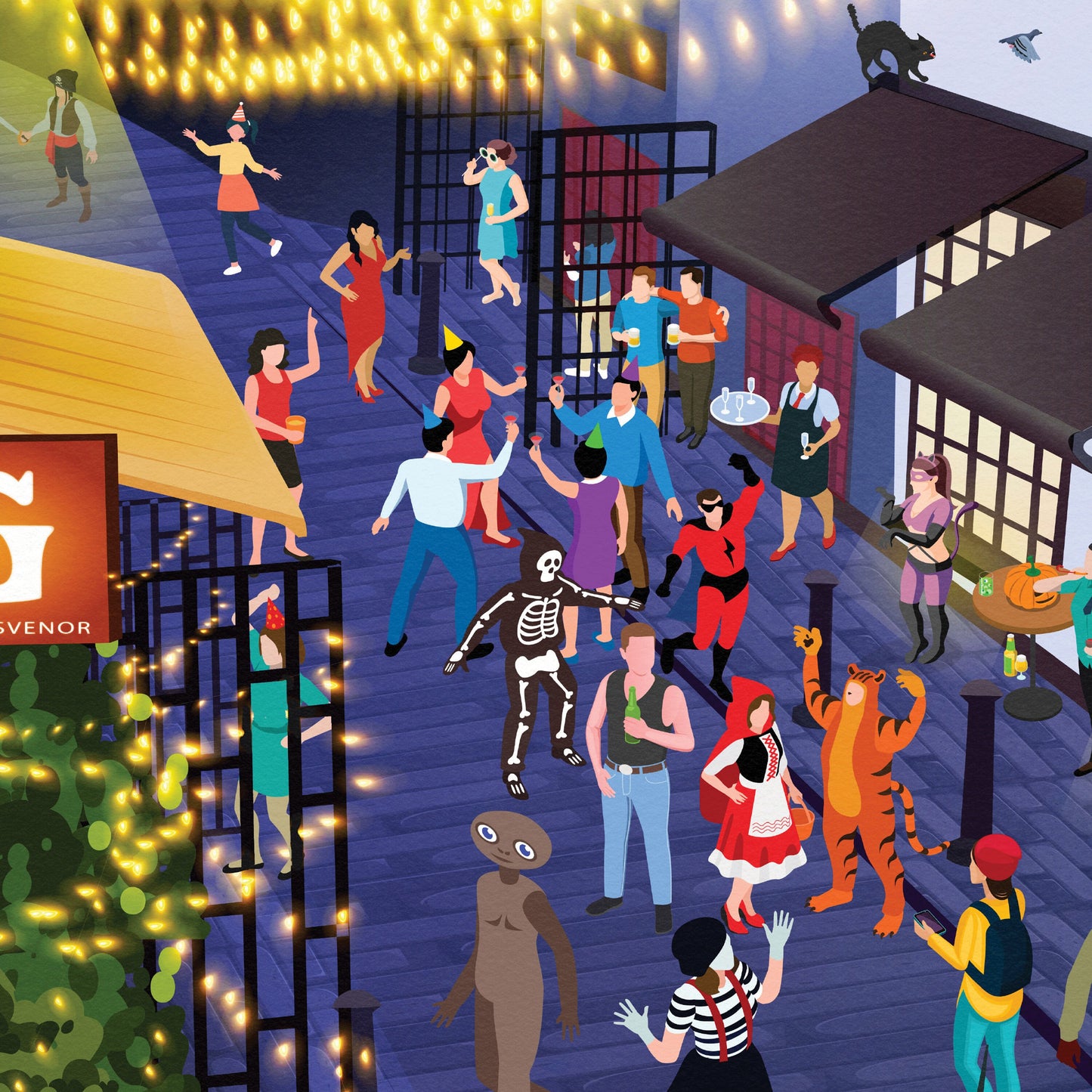 Ashton Lane Poster - Fancy Dress Party - Fireworks Print - Festivities - Bonfire Night - Halloween - Hogmanay - Costume street Party