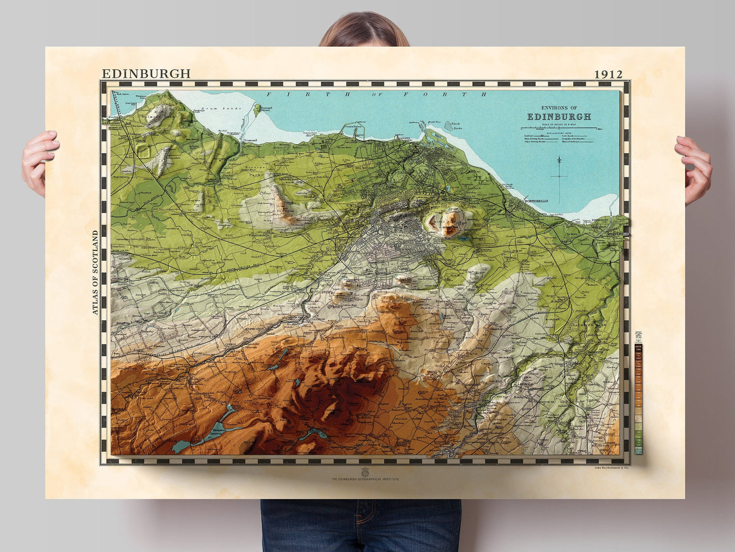 Edinburgh Map - Topographic Shaded Relief Map - Vintage Style - 2D Giclée Print - Vintage Geology Poster - Elevation Map - Firth of Forth