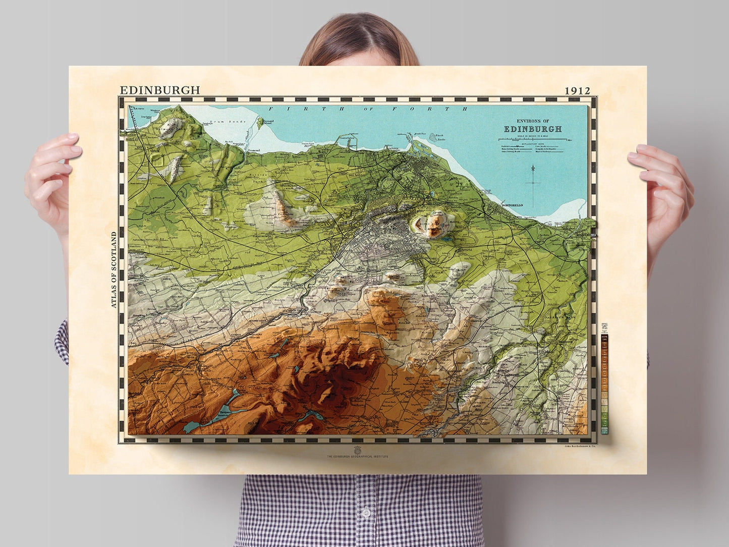 Edinburgh Map - Topographic Shaded Relief Map - Vintage Style - 2D Giclée Print - Vintage Geology Poster - Elevation Map - Firth of Forth