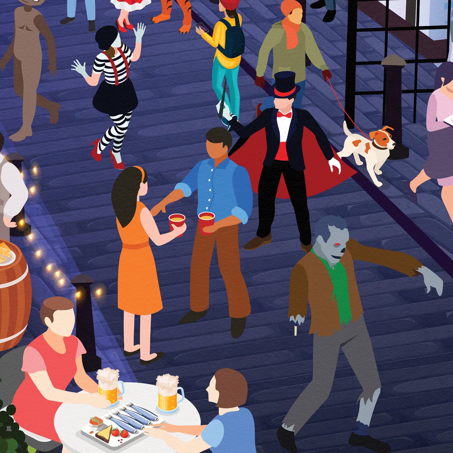 Ashton Lane Poster - Fancy Dress Party - Fireworks Print - Festivities - Bonfire Night - Halloween - Hogmanay - Costume street Party
