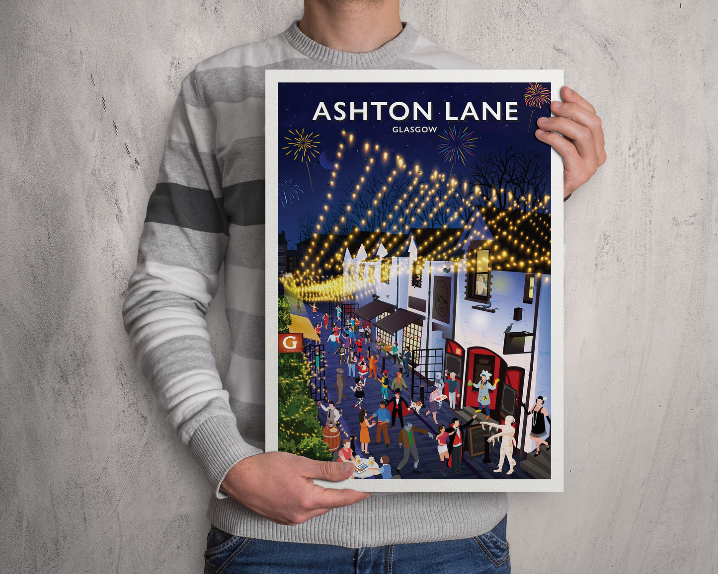 Ashton Lane Poster - Fancy Dress Party - Fireworks Print - Festivities - Bonfire Night - Halloween - Hogmanay - Costume street Party