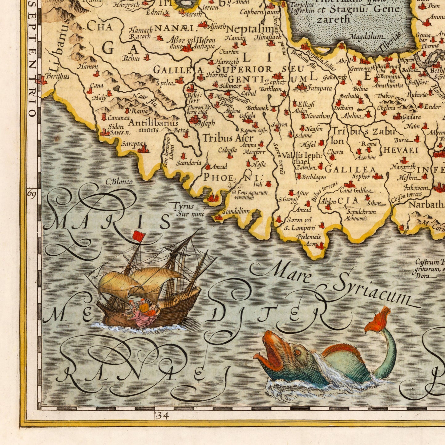 Holy Land Map - Terra Sancta - Ancient Palestine, Palestina, 1623 - Israel, Judea, Jerusalem, Samaria, Galilee, biblical Map, Bible Study