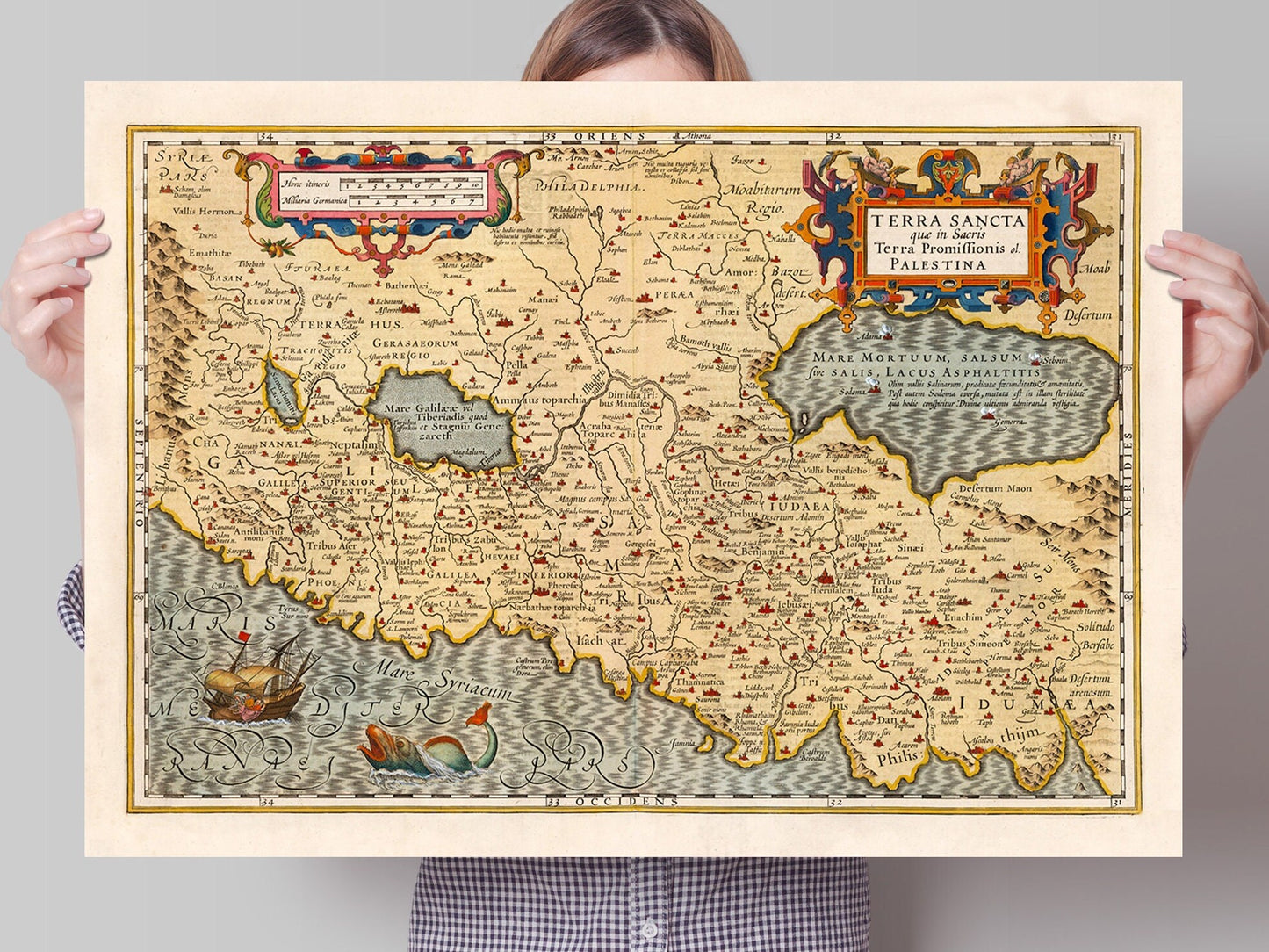 Holy Land Map - Terra Sancta - Ancient Palestine, Palestina, 1623 - Israel, Judea, Jerusalem, Samaria, Galilee, biblical Map, Bible Study