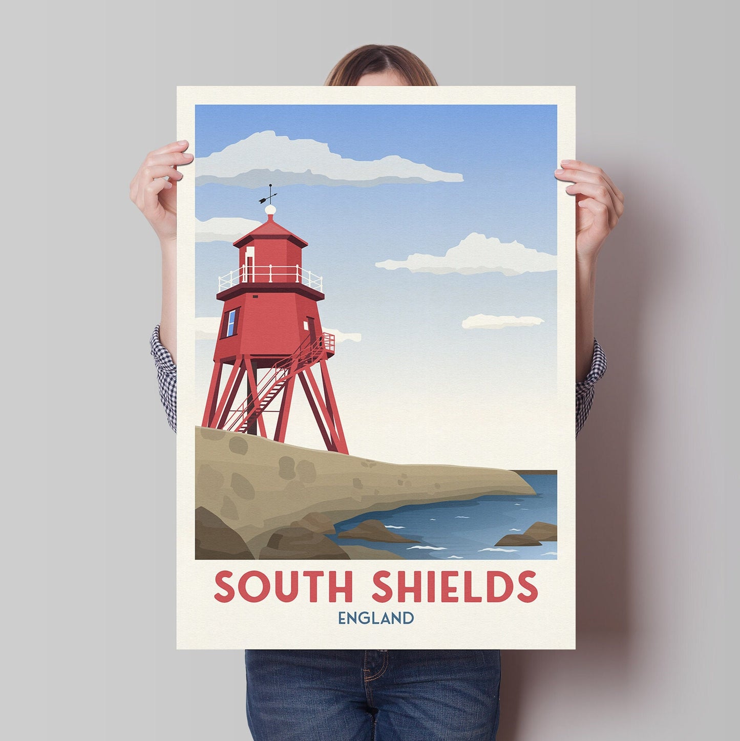 South Shields Groyne Lighthouse Travel Poster, Minimalist Wall Art, North East Tyne and Wear England UK, Wall Art Prints