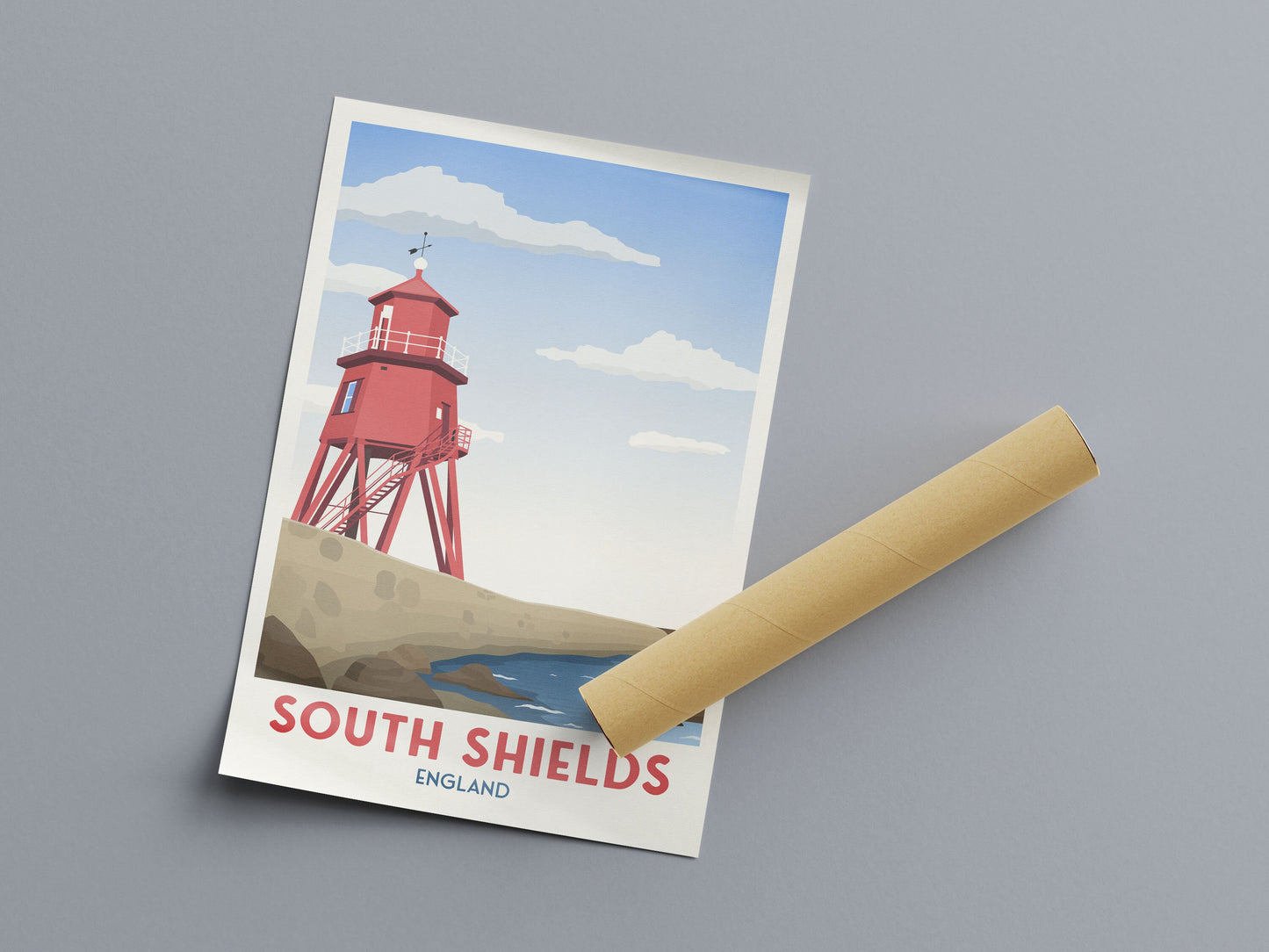 South Shields Groyne Lighthouse Travel Poster, Minimalist Wall Art, North East Tyne and Wear England UK, Wall Art Prints