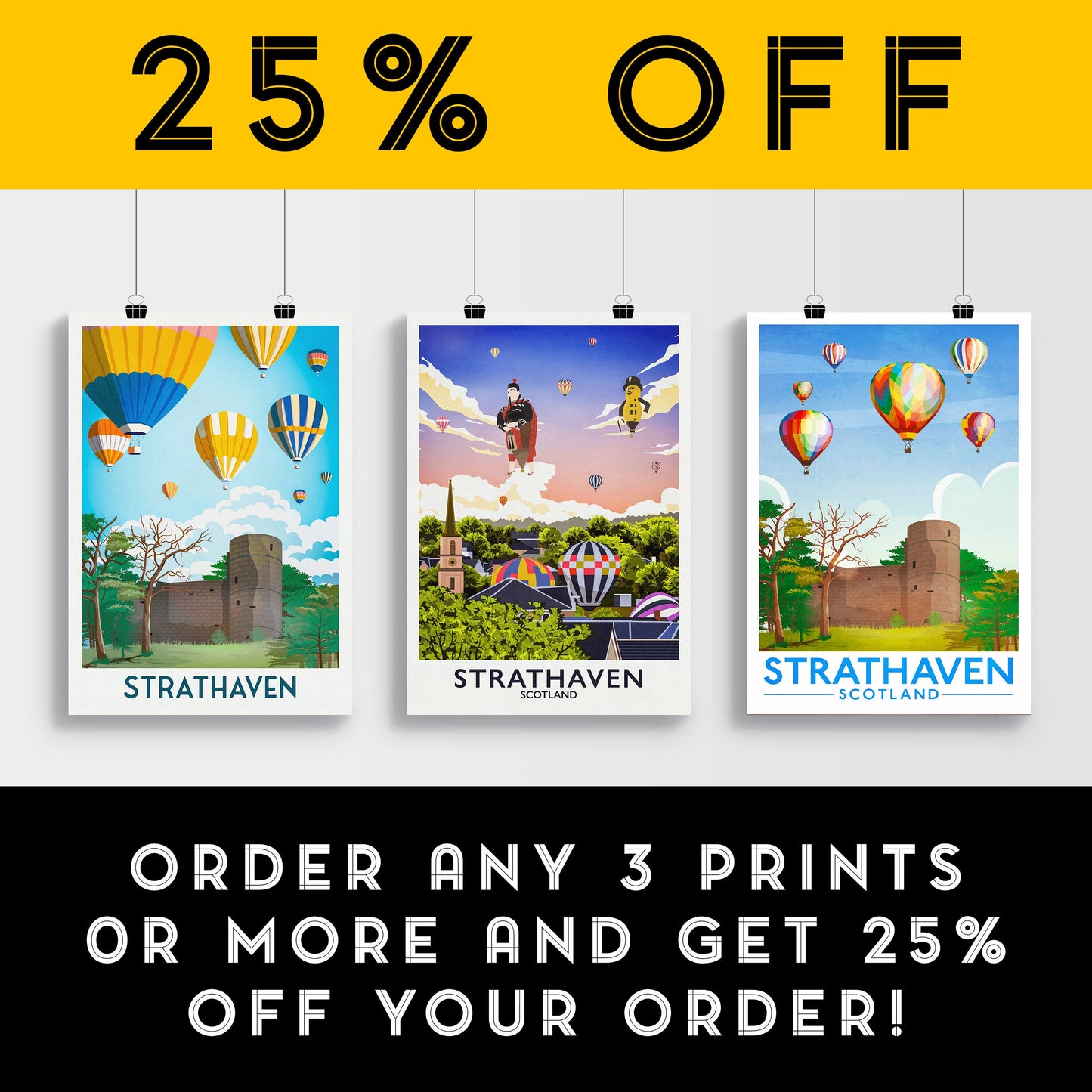 Strathaven Print - Balloon Festival Print - Vintage looking retro travel poster, Hot Air Balloon Fiesta , South Lanarkshire