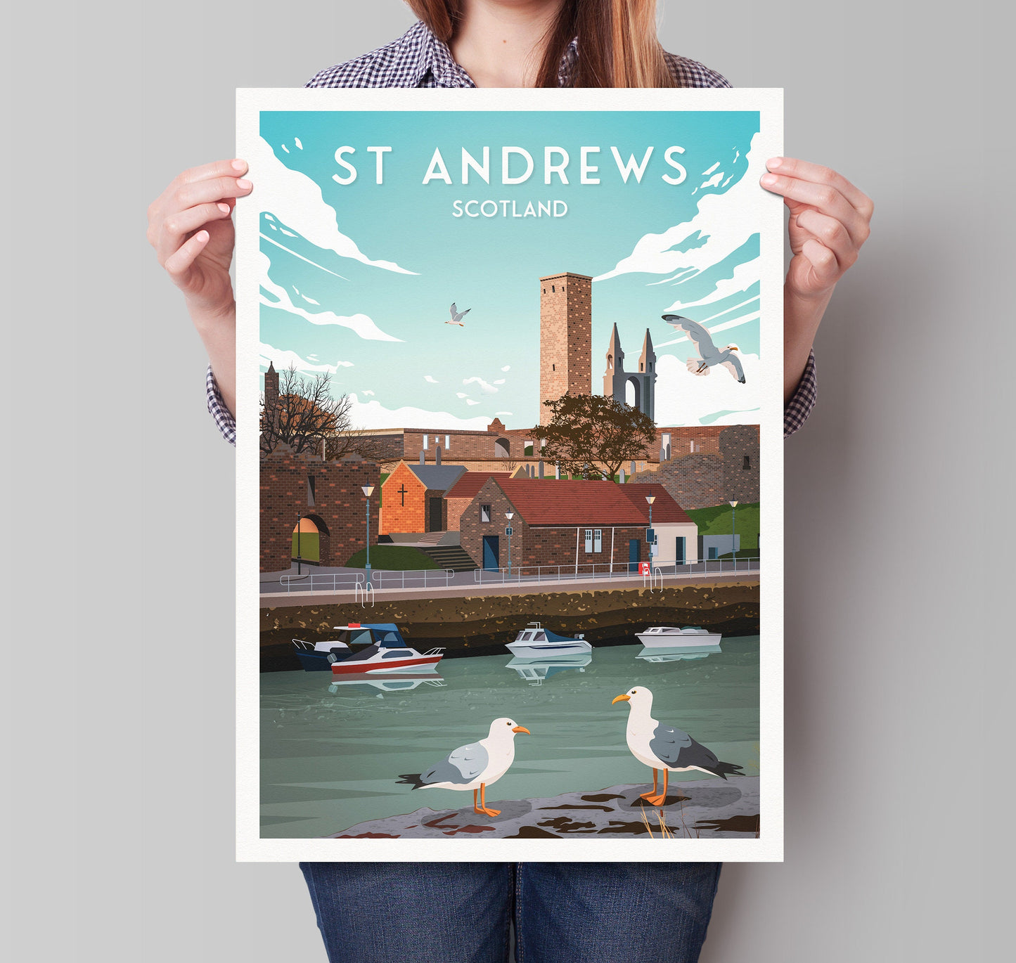 St Andrews Harbour Print - St Rule's Church - East Neuk of Fife - St Andrews Cathedral - Fishing Village - Scotland Illustration Art