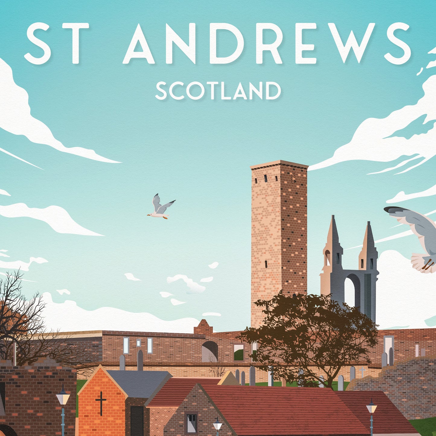St Andrews Harbour Print - St Rule's Church - East Neuk of Fife - St Andrews Cathedral - Fishing Village - Scotland Illustration Art