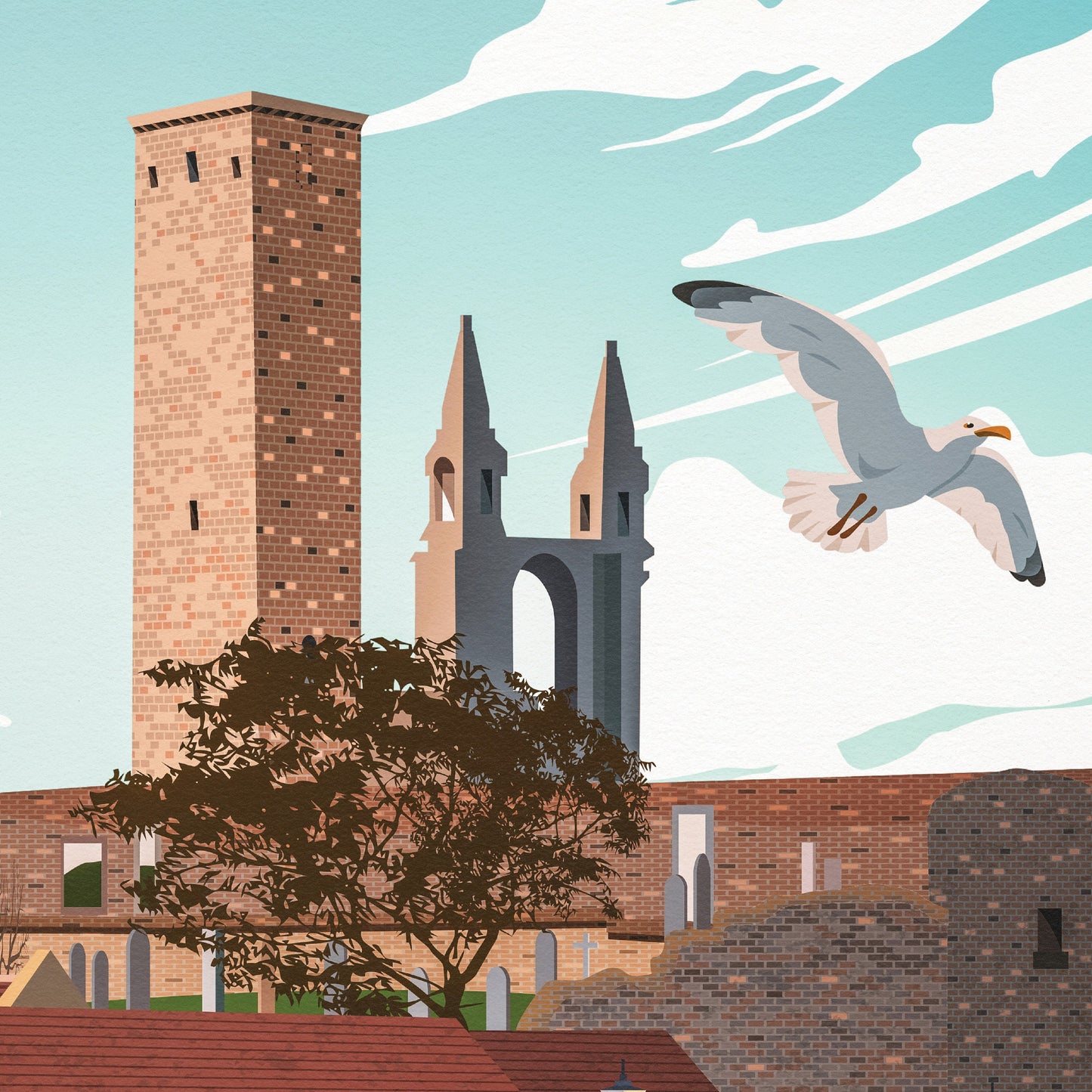 St Andrews Harbour Print - St Rule's Church - East Neuk of Fife - St Andrews Cathedral - Fishing Village - Scotland Illustration Art
