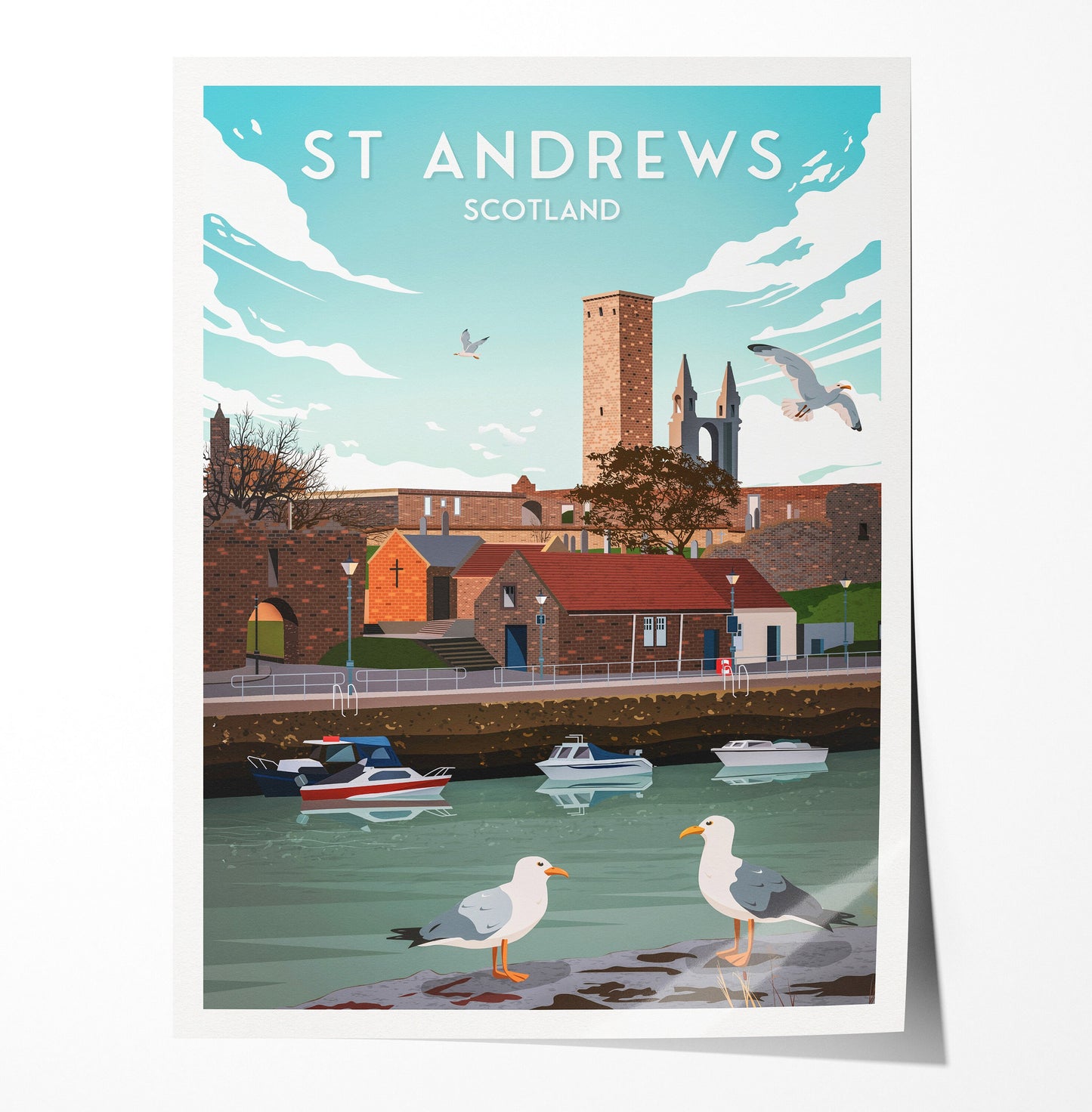 St Andrews Harbour Print - St Rule's Church - East Neuk of Fife - St Andrews Cathedral - Fishing Village - Scotland Illustration Art
