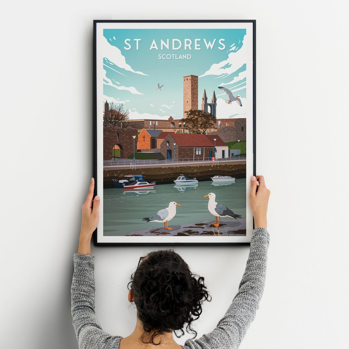 St Andrews Harbour Print - St Rule's Church - East Neuk of Fife - St Andrews Cathedral - Fishing Village - Scotland Illustration Art
