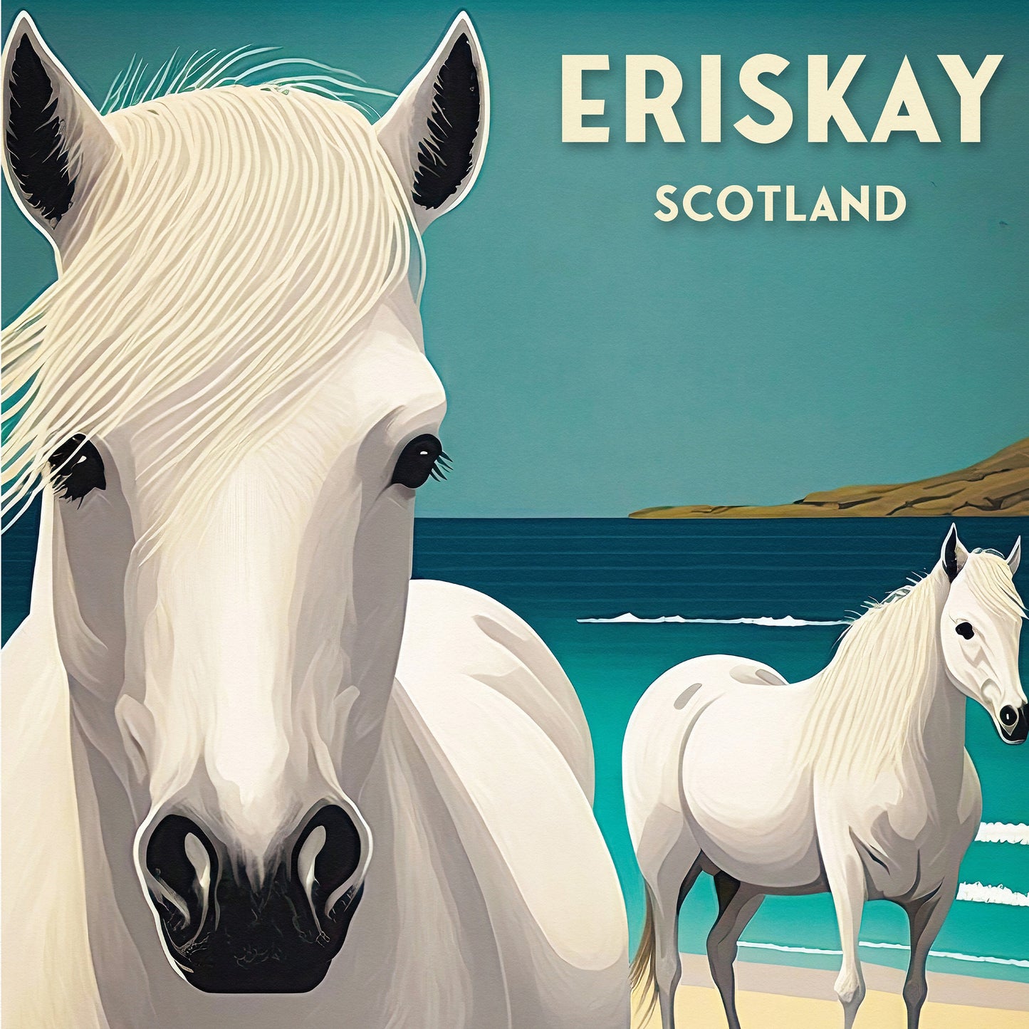 Eriskay Print - Travel Poster - Eriskay Ponies - Outer Hebrides Wall Art