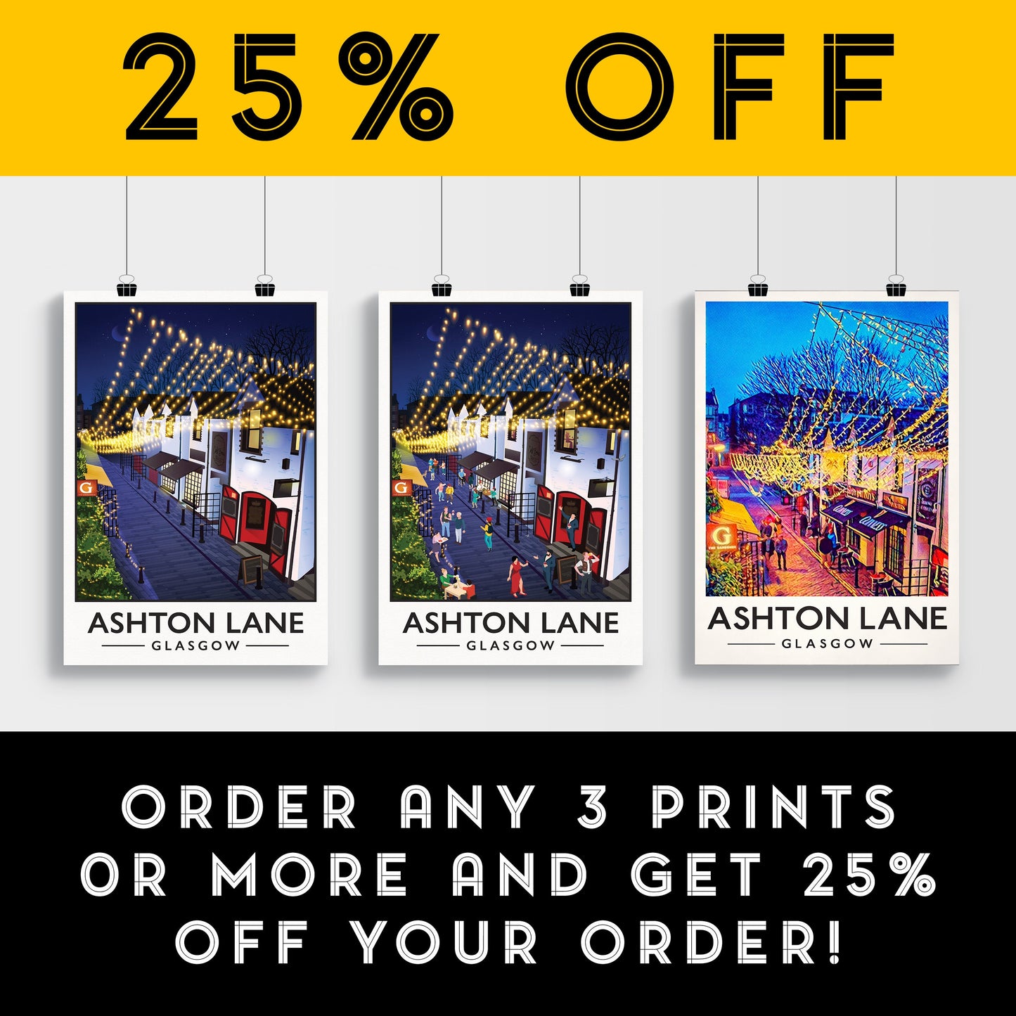 Ashton Lane Print - Glasgow West End Poster - Busy street illustration - Scottish Art