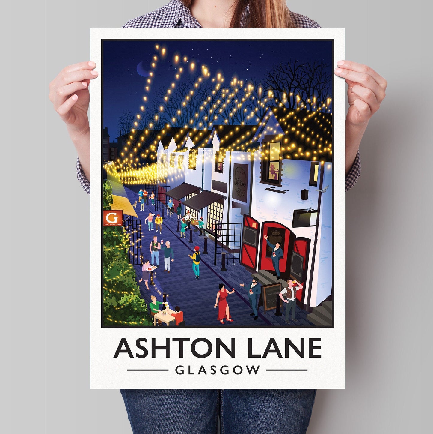Ashton Lane Print - Glasgow West End Poster - Busy street illustration - Scottish Art