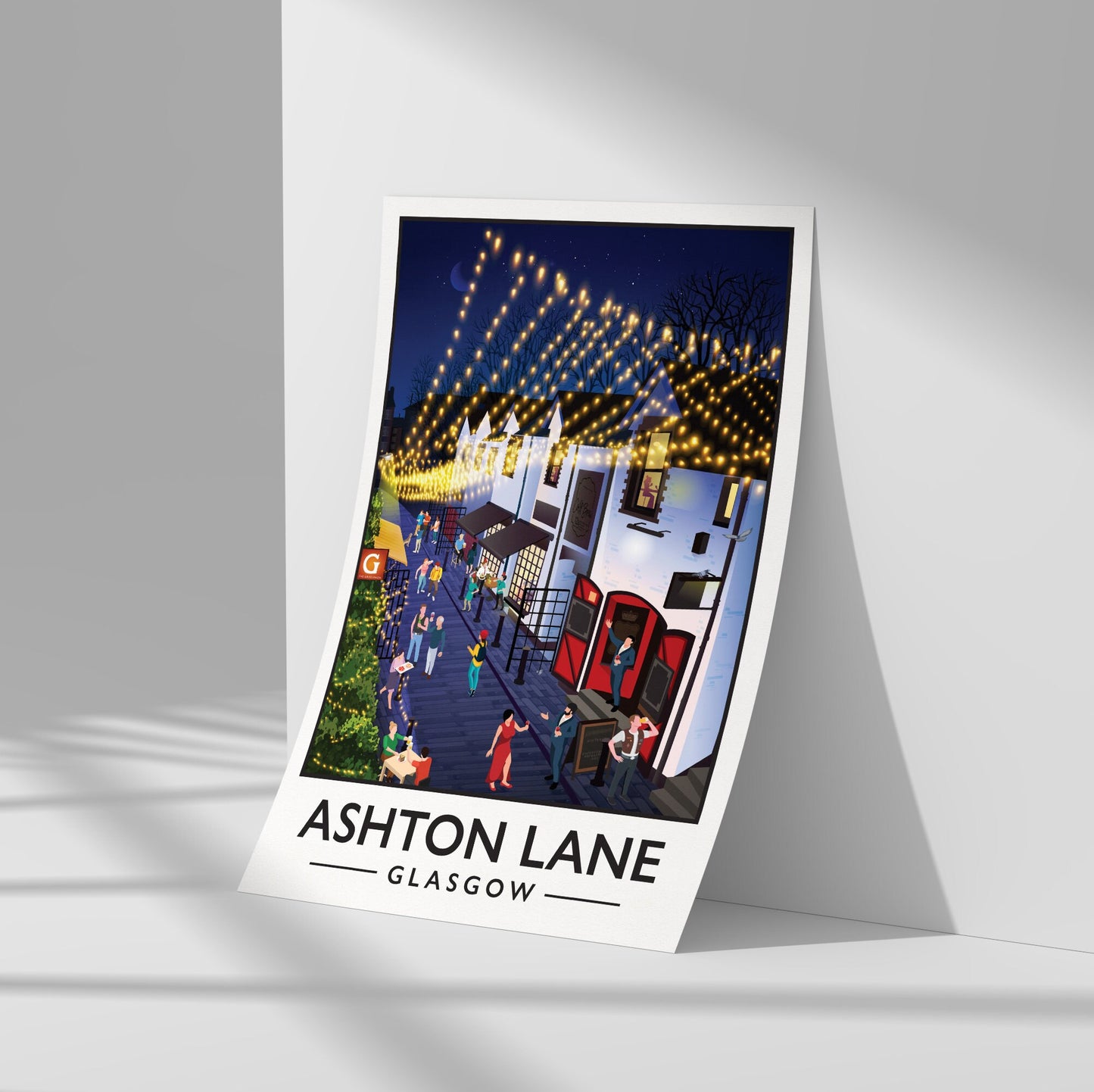 Ashton Lane Print - Glasgow West End Poster - Busy street illustration - Scottish Art