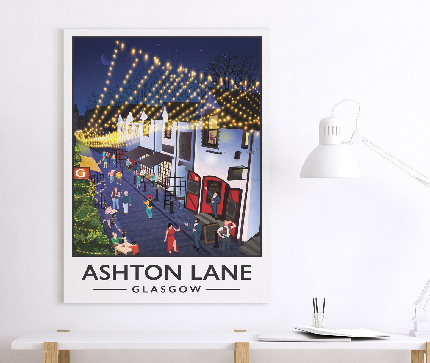 Ashton Lane Print - Glasgow West End Poster - Busy street illustration - Scottish Art