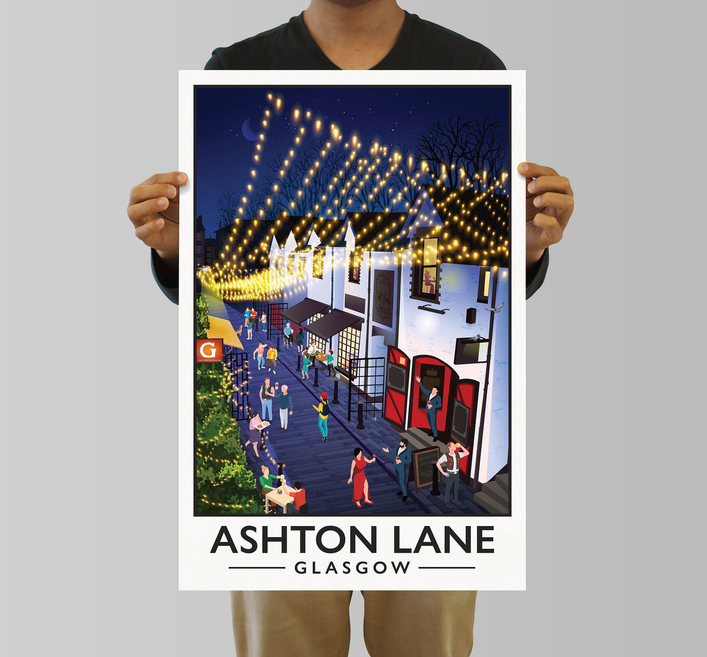 Ashton Lane Print - Glasgow West End Poster - Busy street illustration - Scottish Art