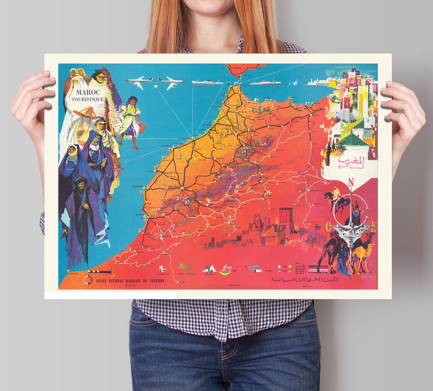 Morocco Map - Old Print of Maroc Touristique - Mattakech - Agadir - Essaouira - Casablanca - Rabat - Kenitra - Meknes - Taza - Tanger