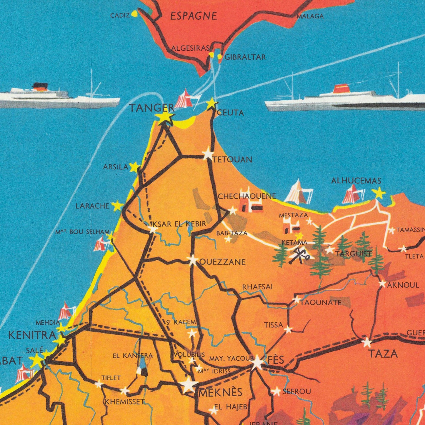 Morocco Map - Old Print of Maroc Touristique - Mattakech - Agadir - Essaouira - Casablanca - Rabat - Kenitra - Meknes - Taza - Tanger