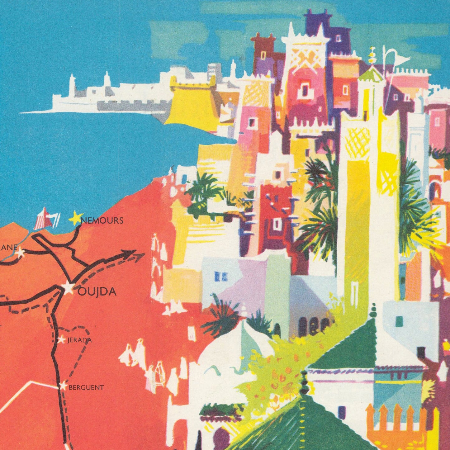 Morocco Map - Old Print of Maroc Touristique - Mattakech - Agadir - Essaouira - Casablanca - Rabat - Kenitra - Meknes - Taza - Tanger