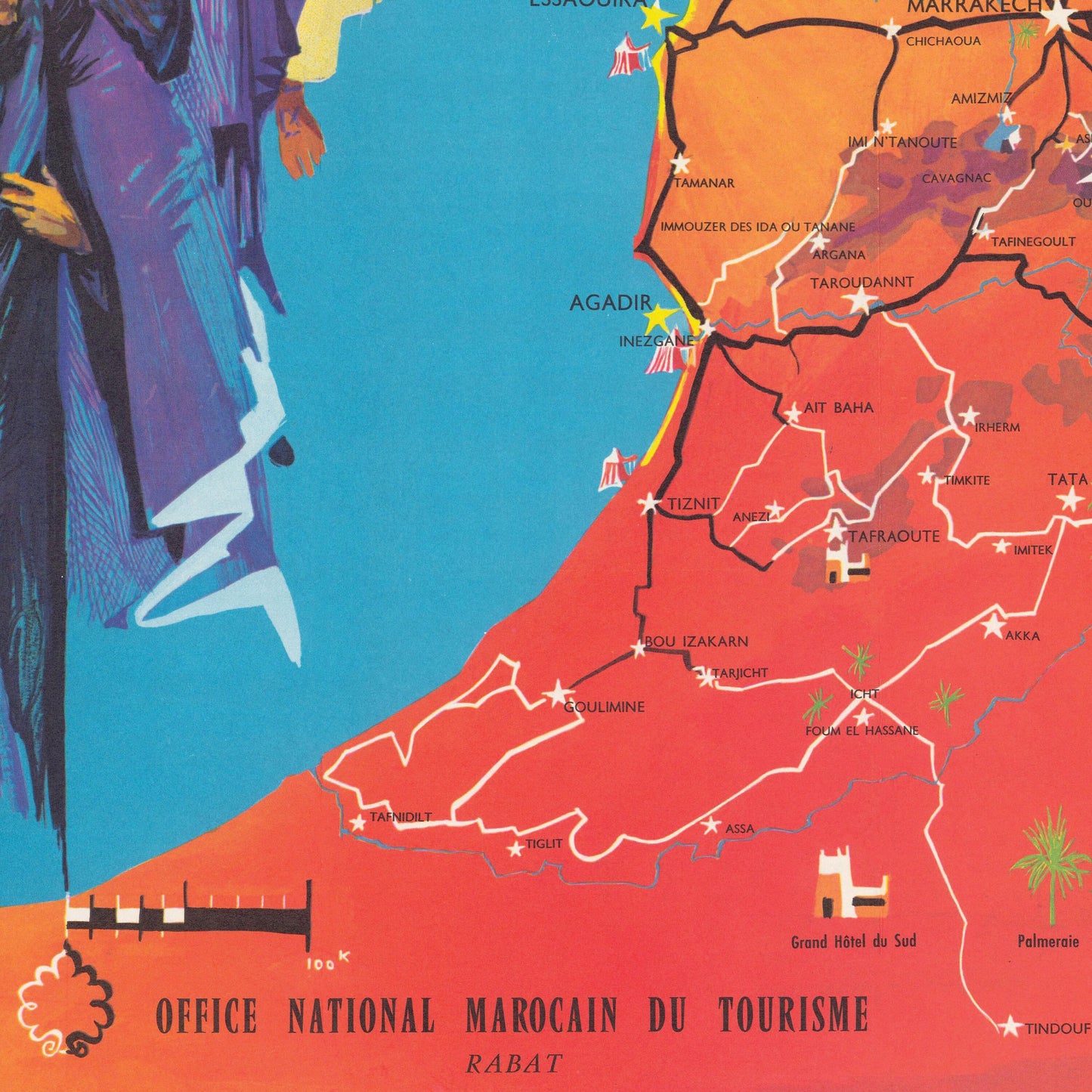 Morocco Map - Old Print of Maroc Touristique - Mattakech - Agadir - Essaouira - Casablanca - Rabat - Kenitra - Meknes - Taza - Tanger