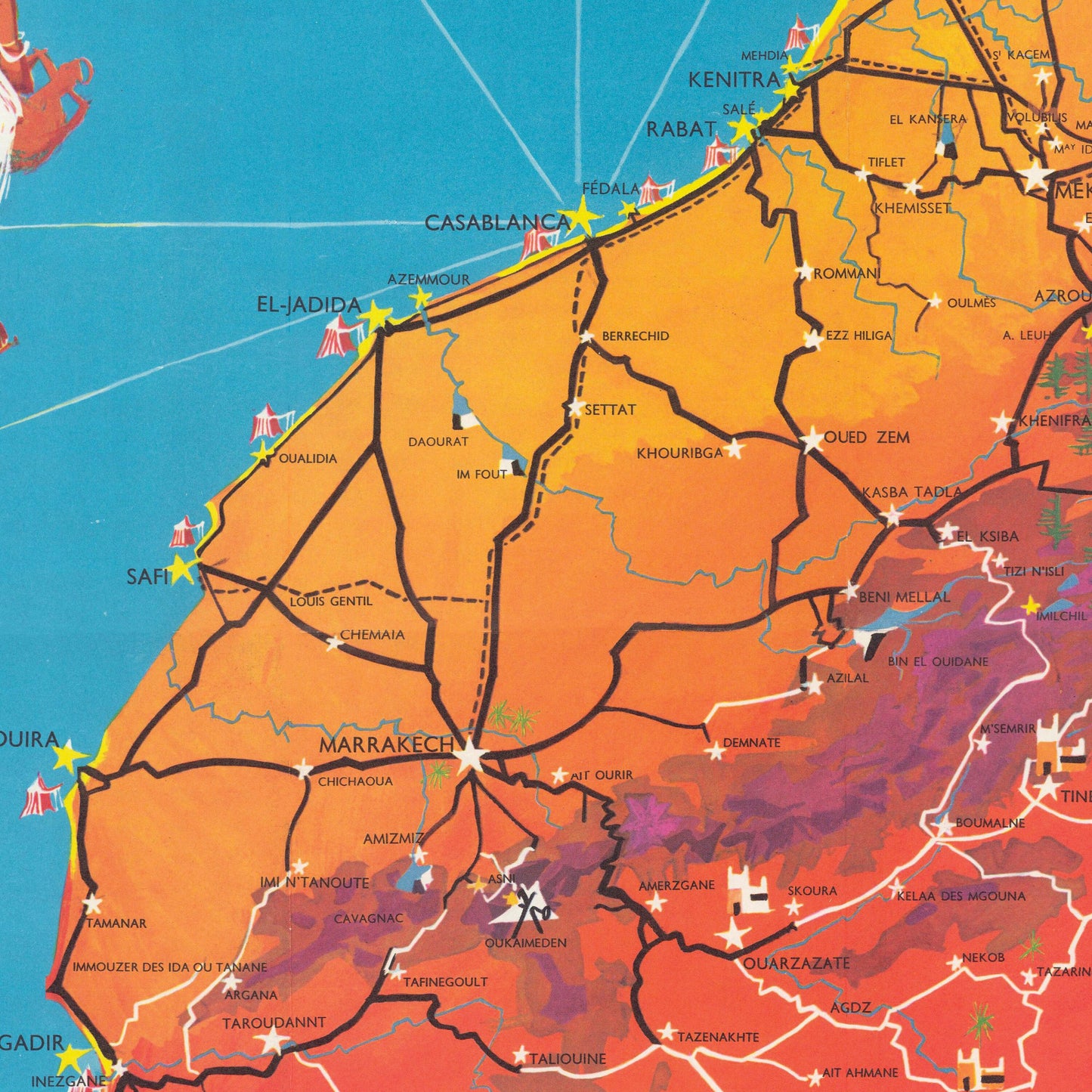Morocco Map - Old Print of Maroc Touristique - Mattakech - Agadir - Essaouira - Casablanca - Rabat - Kenitra - Meknes - Taza - Tanger