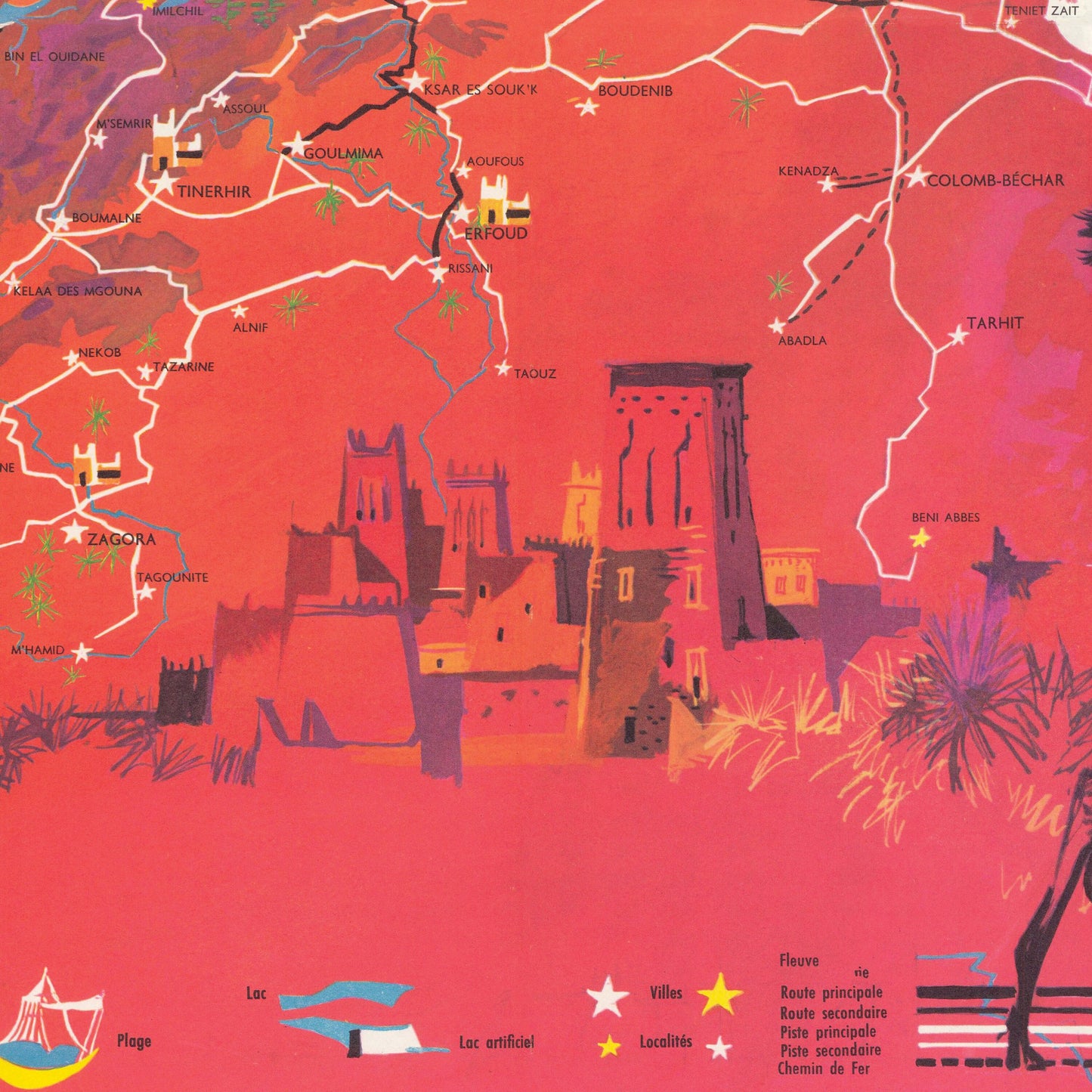 Morocco Map - Old Print of Maroc Touristique - Mattakech - Agadir - Essaouira - Casablanca - Rabat - Kenitra - Meknes - Taza - Tanger