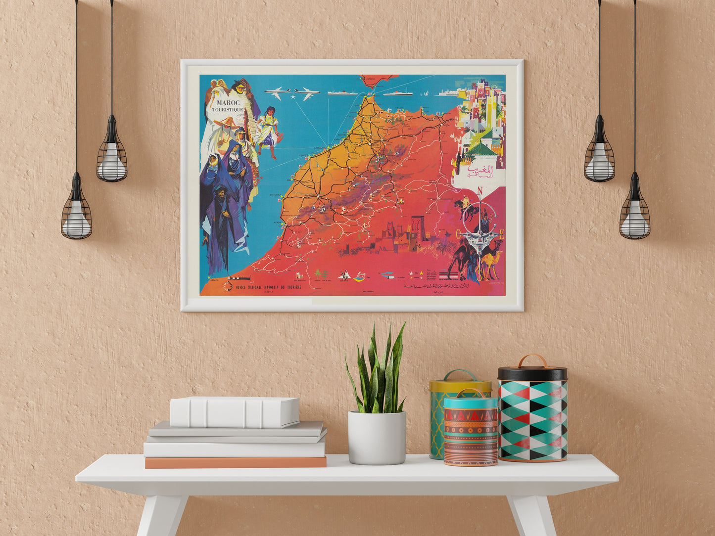 Morocco Map - Old Print of Maroc Touristique - Mattakech - Agadir - Essaouira - Casablanca - Rabat - Kenitra - Meknes - Taza - Tanger