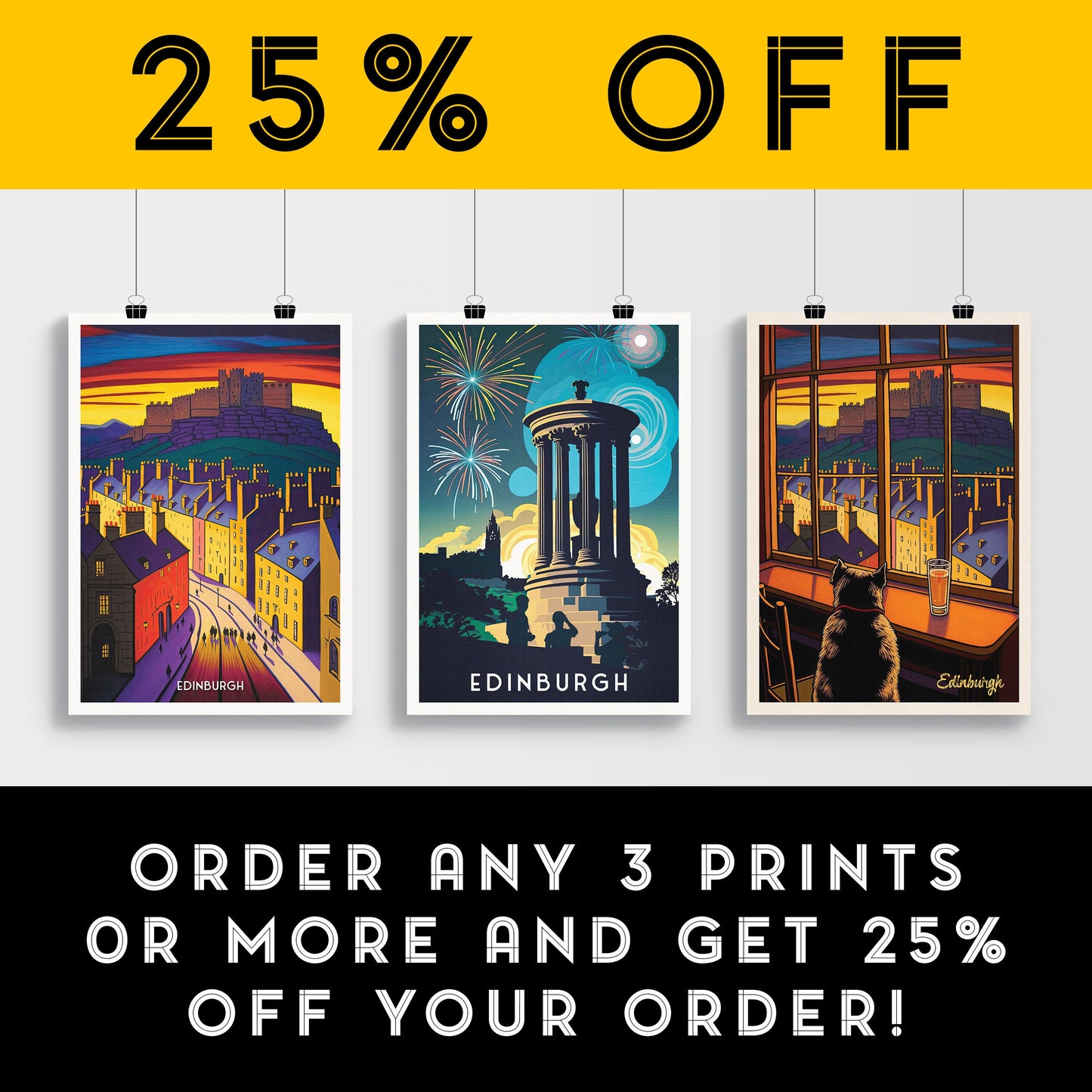 Calton Hill Print - Edinburgh Hogmanay Poster - Vibrant Colourful Wall Art - Fireworks - Bonfire Night