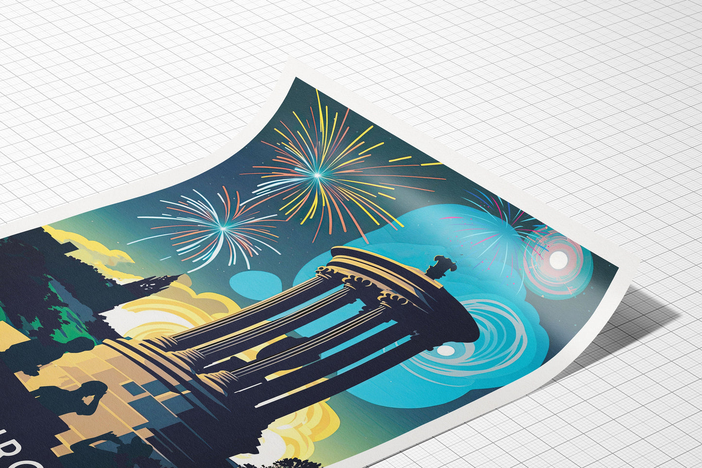 Calton Hill Print - Edinburgh Hogmanay Poster - Vibrant Colourful Wall Art - Fireworks - Bonfire Night
