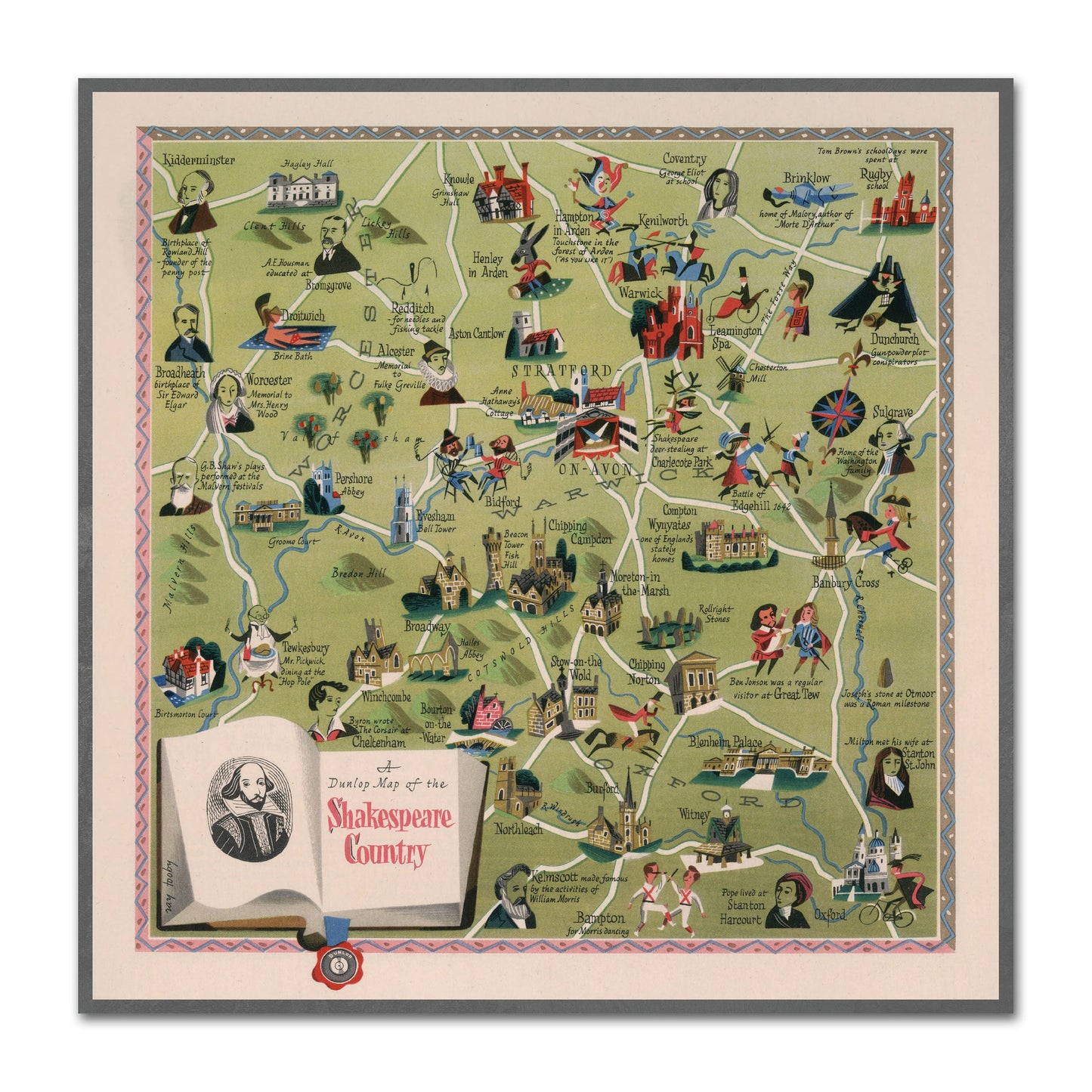 Map of the Shakespeare Country | A Dunlop map of the Shakespeare Country | Vintage Antique | 1950 | Stratford | Oxford | Warwick