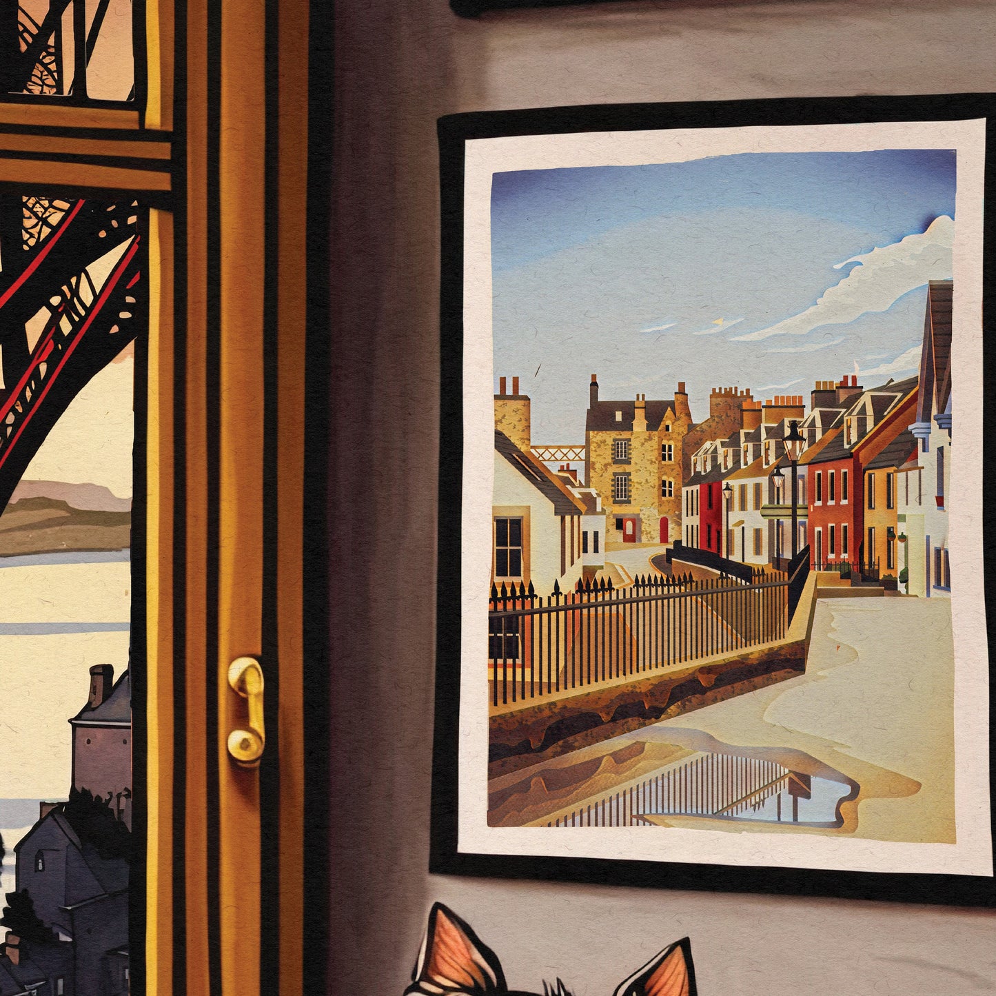South Queensferry Pub with a View of the Forth Bridge - Vibrant Colourful Edinburgh Poster - Scottish Wall Art - Forth Rail Bridge Print